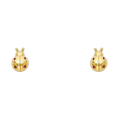 14K Gold CZ Lady Bug Insect Stud Earrings