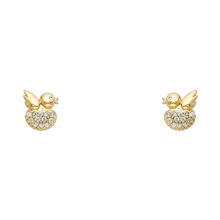 14K Gold CZ Little Bird & Nest Stud Earrings