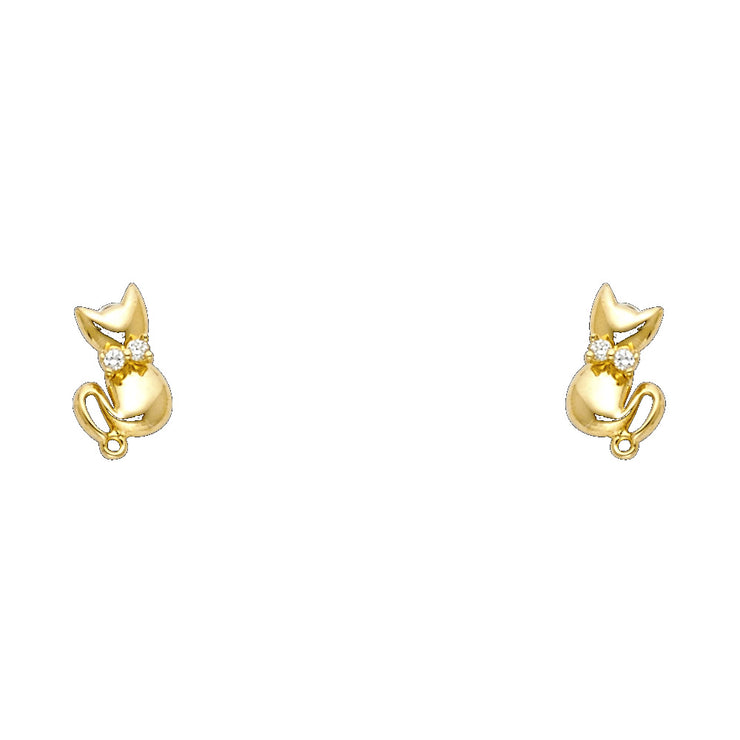 14K Gold CZ Cute Cat Kitten Stud Earrings