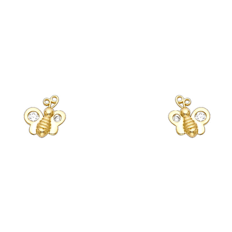 14K Gold CZ Tiny Honey Bee Bumble Bee Stud Earrings