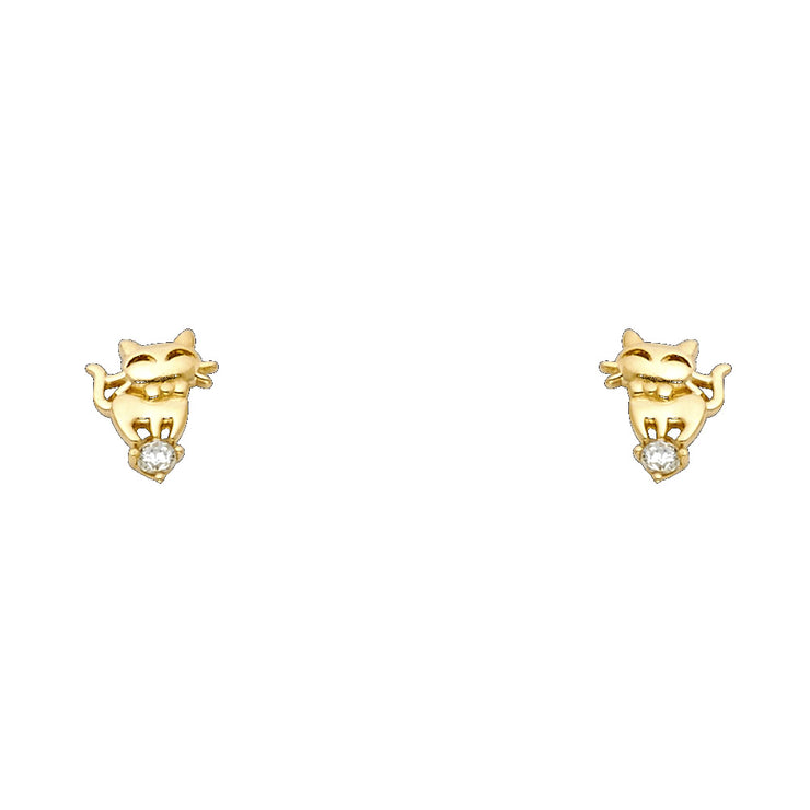 14K Gold CZ Cute Cat Kitten Stud Earrings