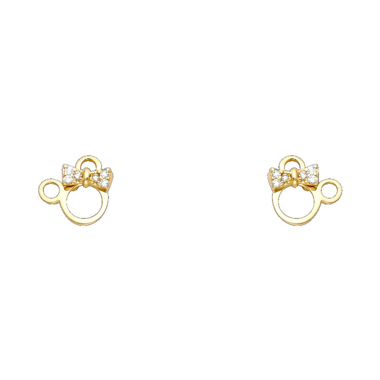 14K Gold CZ Cute Cat Kitten Stud Earrings