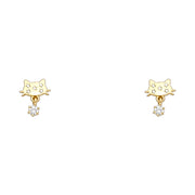 14K Gold CZ Cute Cat Kitten with Tiny Stars Stud Earrings