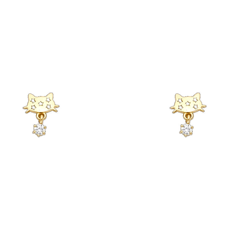14K Gold CZ Cute Cat Kitten with Tiny Stars Stud Earrings