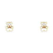 14K Gold CZ Cute Teddy Bear and Bow Stud Earrings