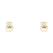 14K Gold CZ Cute Teddy Bear and Bow Stud Earrings