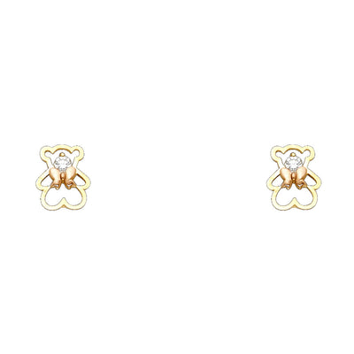 14K Gold CZ Cute Teddy Bear and Bow Stud Earrings