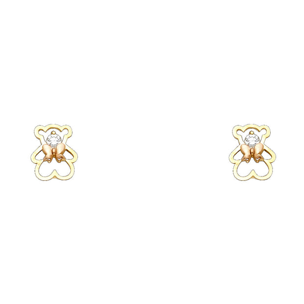 14K Gold CZ Cute Teddy Bear and Bow Stud Earrings