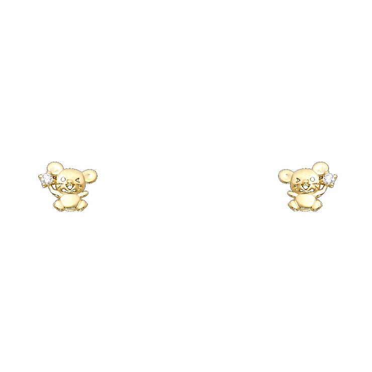 14K Gold CZ Cute Tiny Mouse Rat Stud Earrings