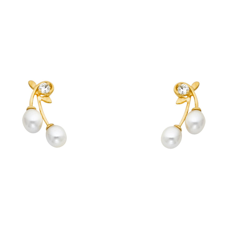 14K Gold CZ Cultured Pearl Stud Earrings