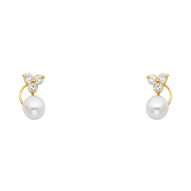 14K Gold CZ Cultured Pearl and Flower Stud Earrings