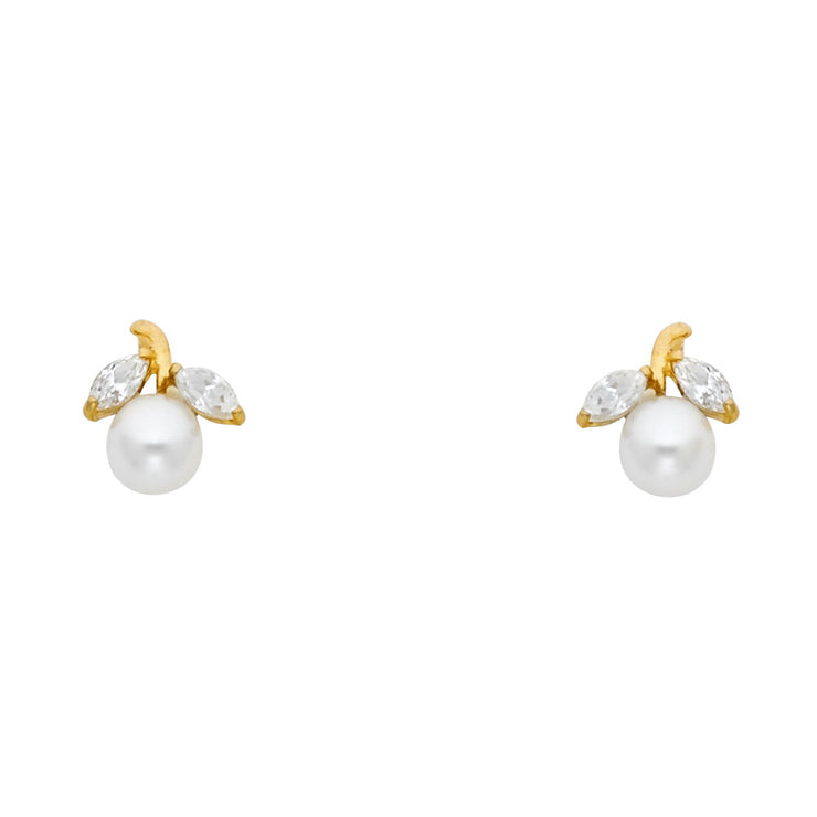 14K Gold CZ  Pearl and Leaf Stud Earrings