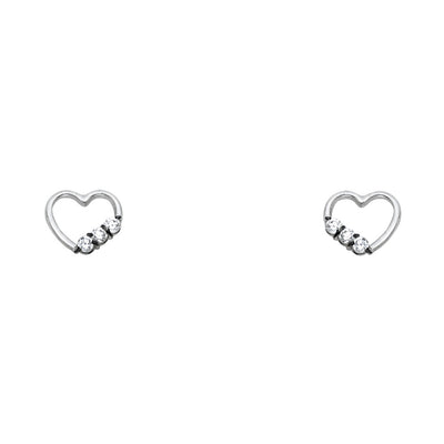 14K Gold 3 Stone CZ Heart Stud Earrings