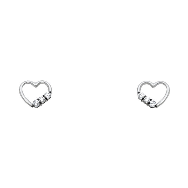14K Gold 3 Stone CZ Heart Stud Earrings