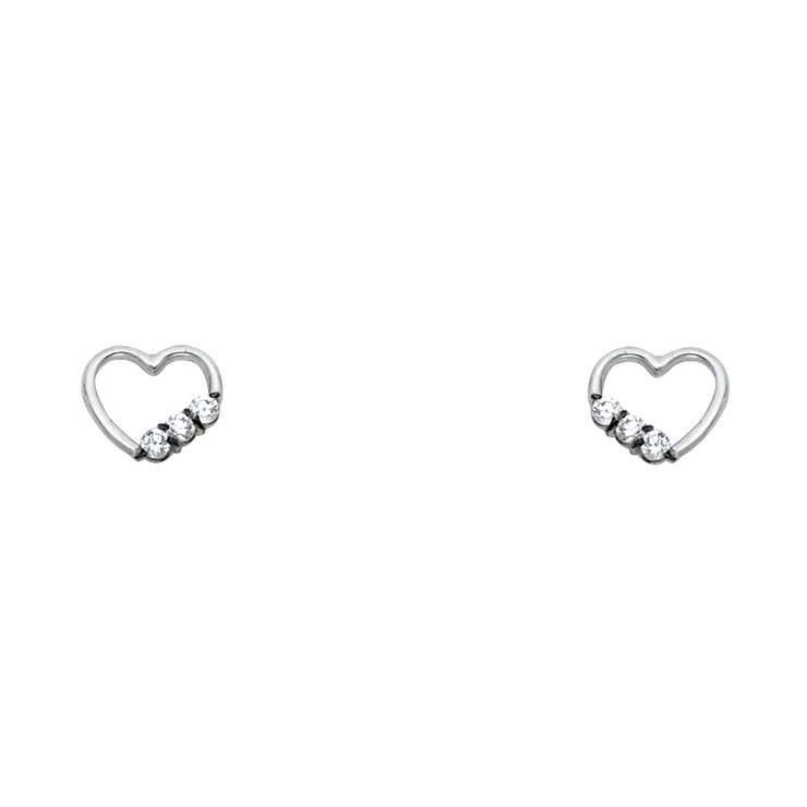 14K Gold 3 Stone CZ Heart Stud Earrings
