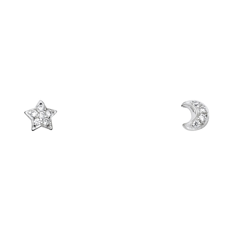 14K Gold CZ Moon and Star Stud Earrings