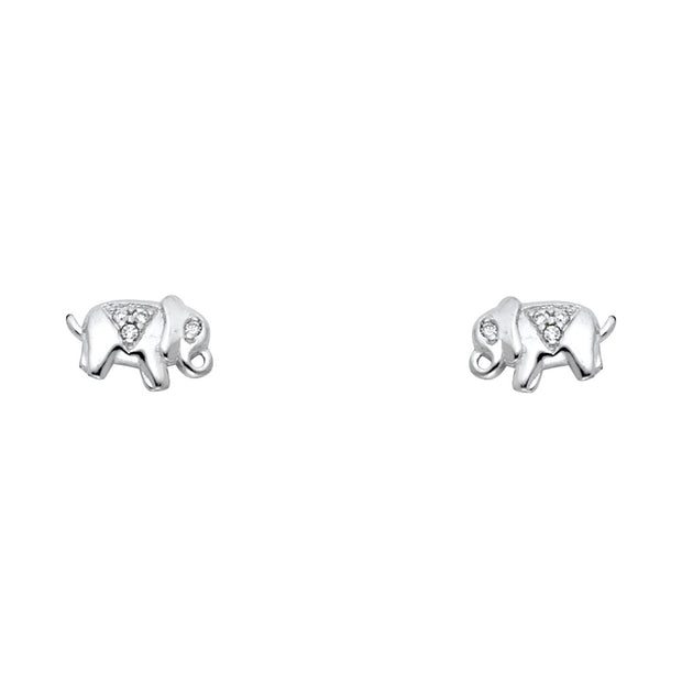 14K Gold CZ Stone Cute Elephant Stud Earrings