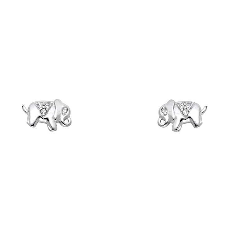 14K Gold CZ Stone Cute Elephant Stud Earrings