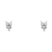 14K Gold CZ Stone Owl Stud Earrings