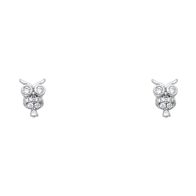 14K Gold CZ Stone Owl Stud Earrings