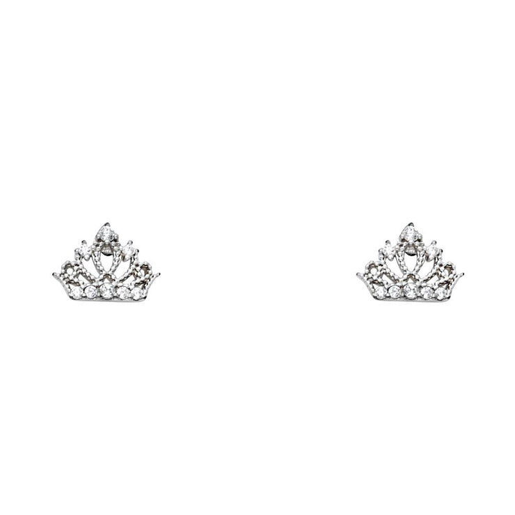 14K Gold CZ Crown or Tiara Stud Earrings