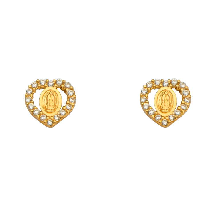 14K Gold CZ Stone Heart Cut Guadalupe Stud Earrings