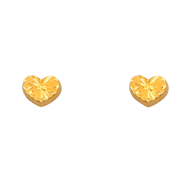 14K Gold Diamond Cut Heart Stud Earrings