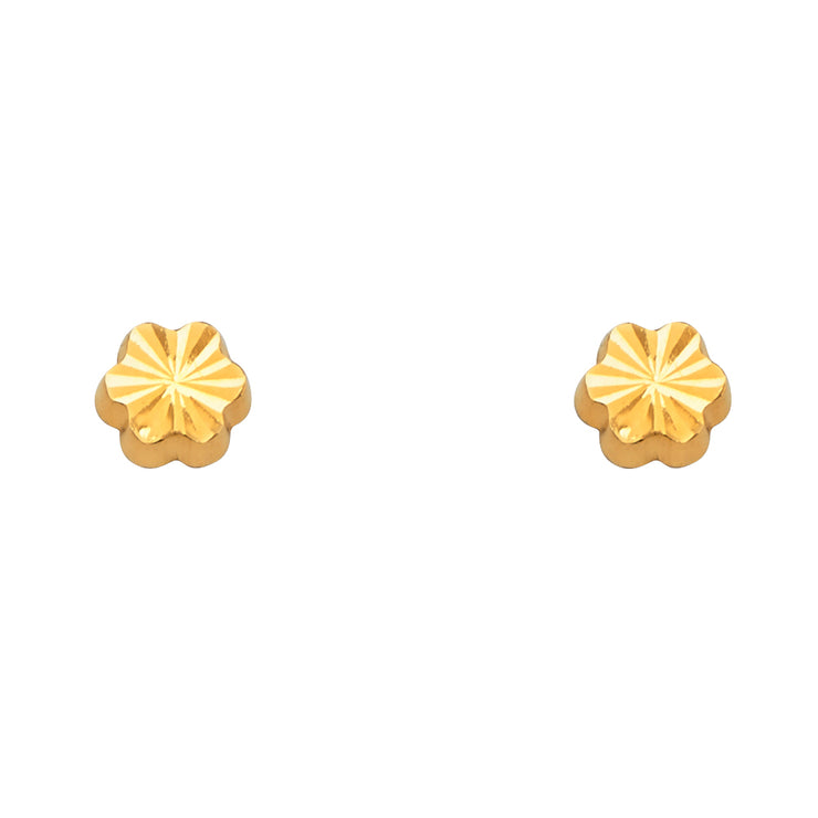 14K Gold Diamond Cut Flower Stud Earrings