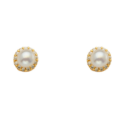 14K Gold CZ Stone Pearl Stud Earrings