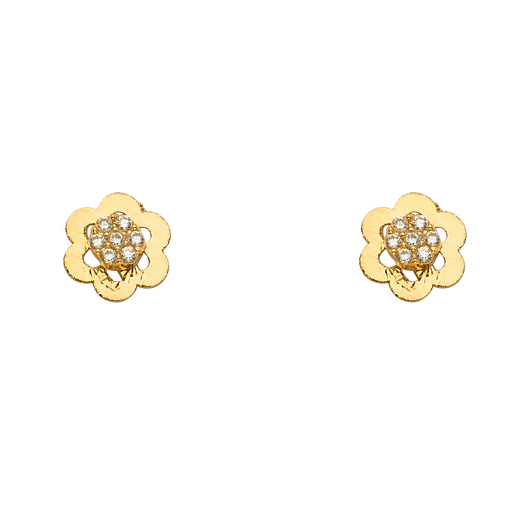 14K Gold CZ Stone Flower Stud Earrings