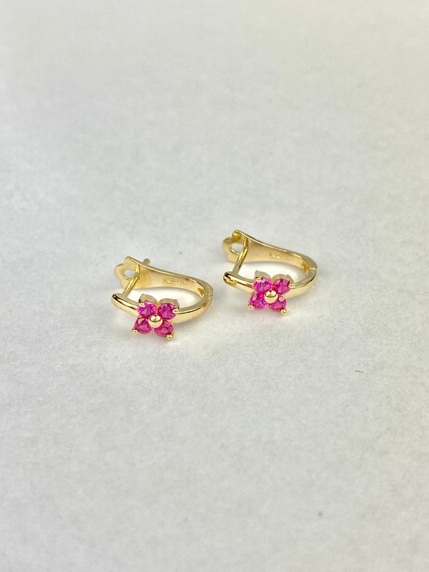 14K Gold Flower CZ Stone Huggie Hoops