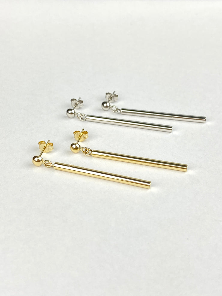 14K Gold Round Bar Hanging Earrings