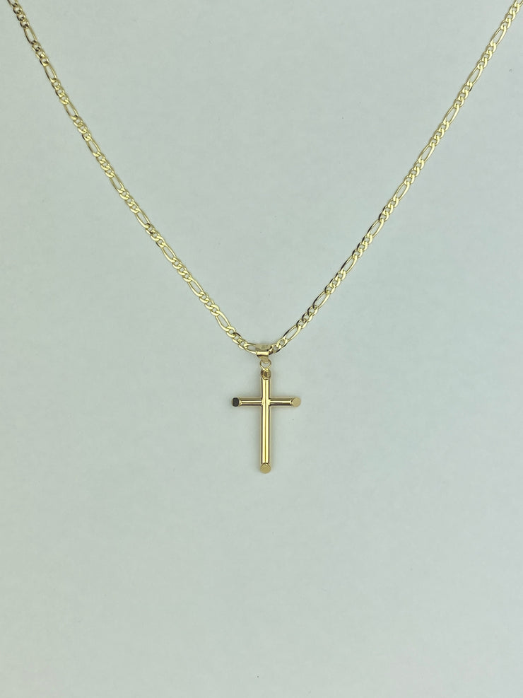 14K GOLD CROSS PENDANT WITH 2.3MM FIGARO 3+1 CHAIN