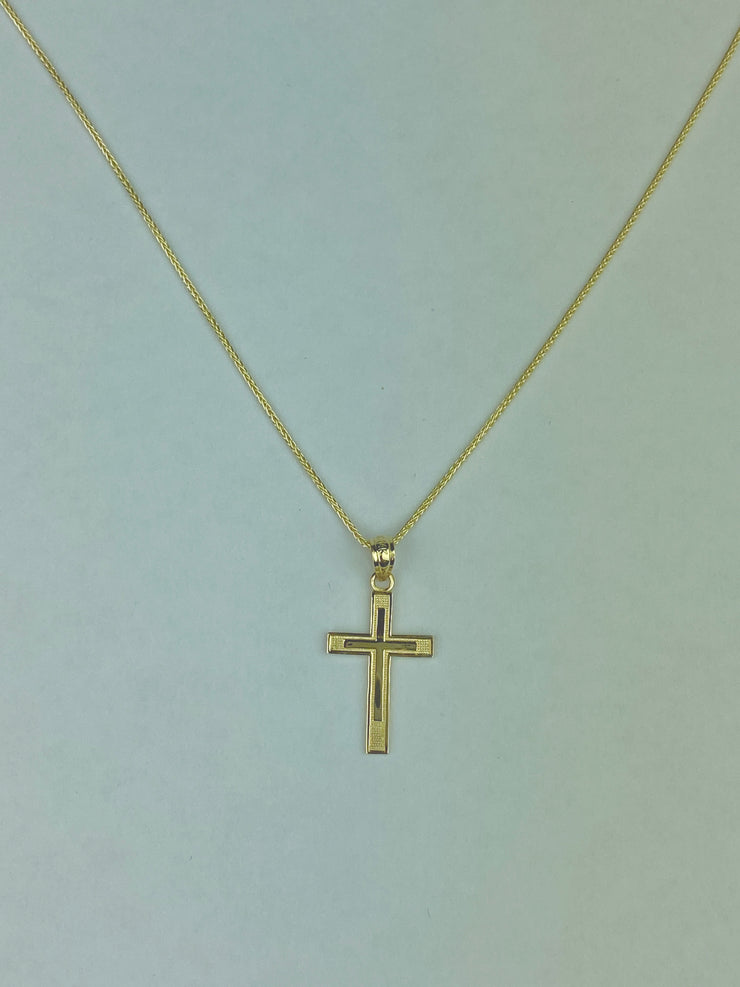 14K Gold Cross Charm Pendant with 0.9mm Wheat Chain Necklace