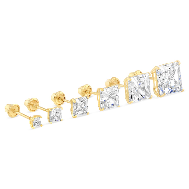 14K Gold Square Solitaire Princess Cut Cubic Zirconia CZ Stud Screw Back Earrings